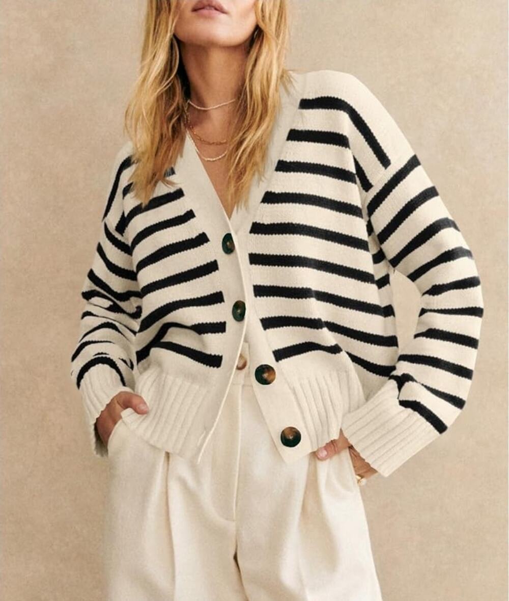 Womens Black Cream Striped Cardigan Knit Sweater V Neck Button Long Sleeve Sz. M